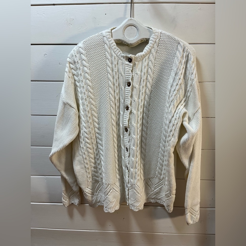 COTTON ROAD VINTAGE – White Cable Knit Cardigan – Oversized L - Picture 4 of 12